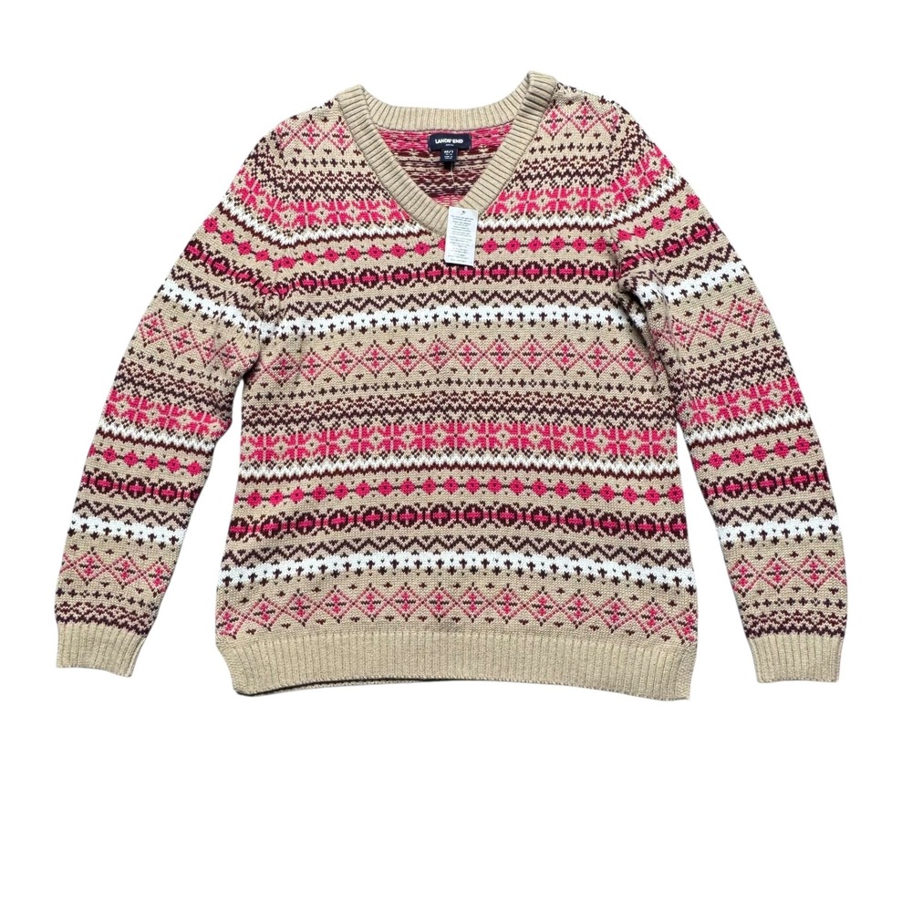 Lands' End Drifter‎ Fair Isle V Neck Sweater NWOT Womens Medium Tall Tan Pink